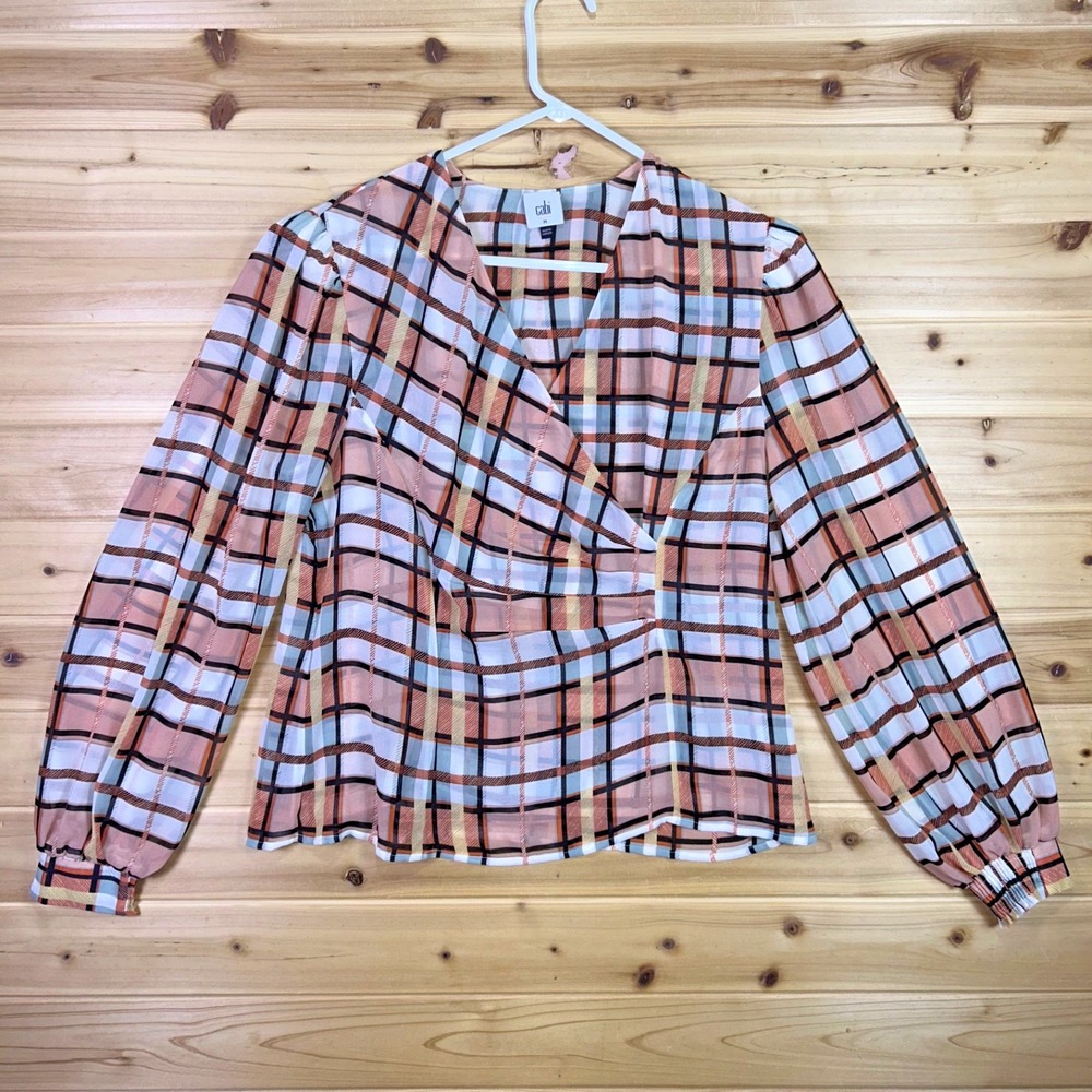 Cabi Blouse Womens Medium Whist Multicolor Plaid Sheer Faux Wrap Long Sleeve